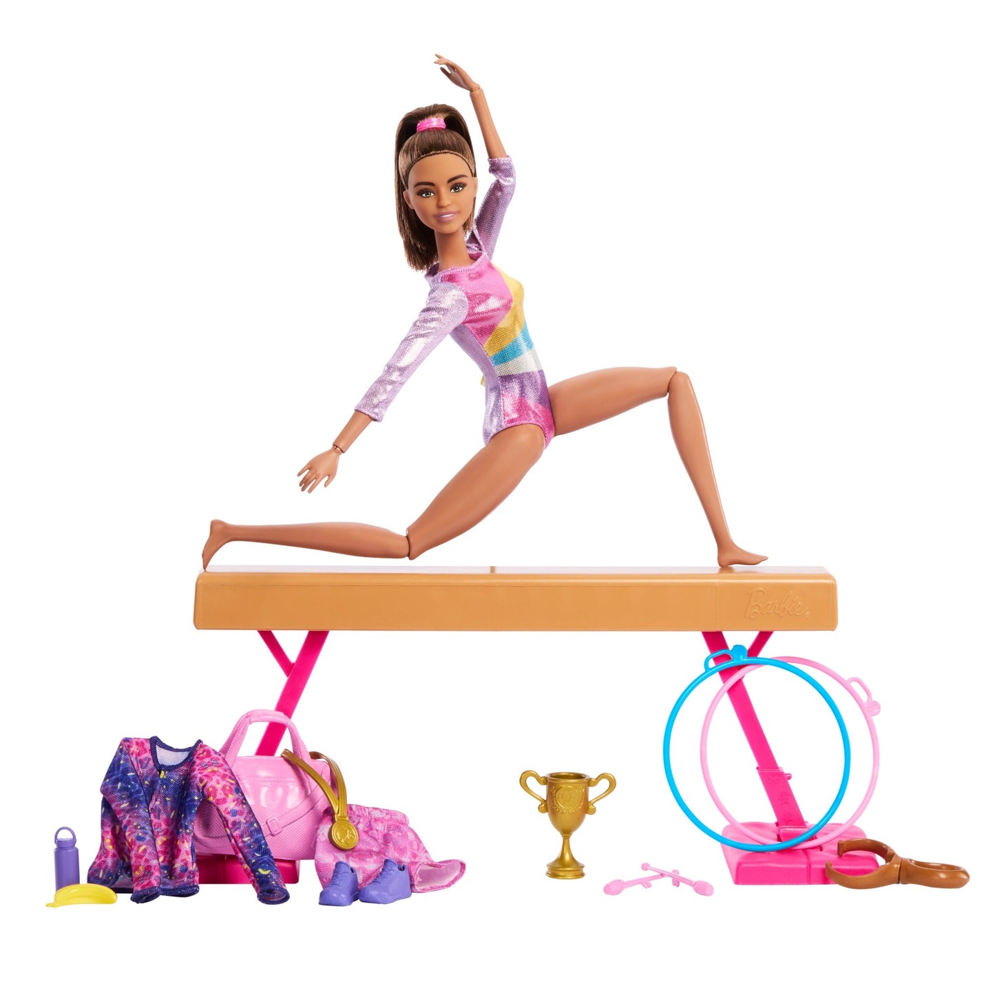 Barbie Coffret de Jeu Gymnaste, Poup¨¦e Mode, Brunette, 10Accessoires