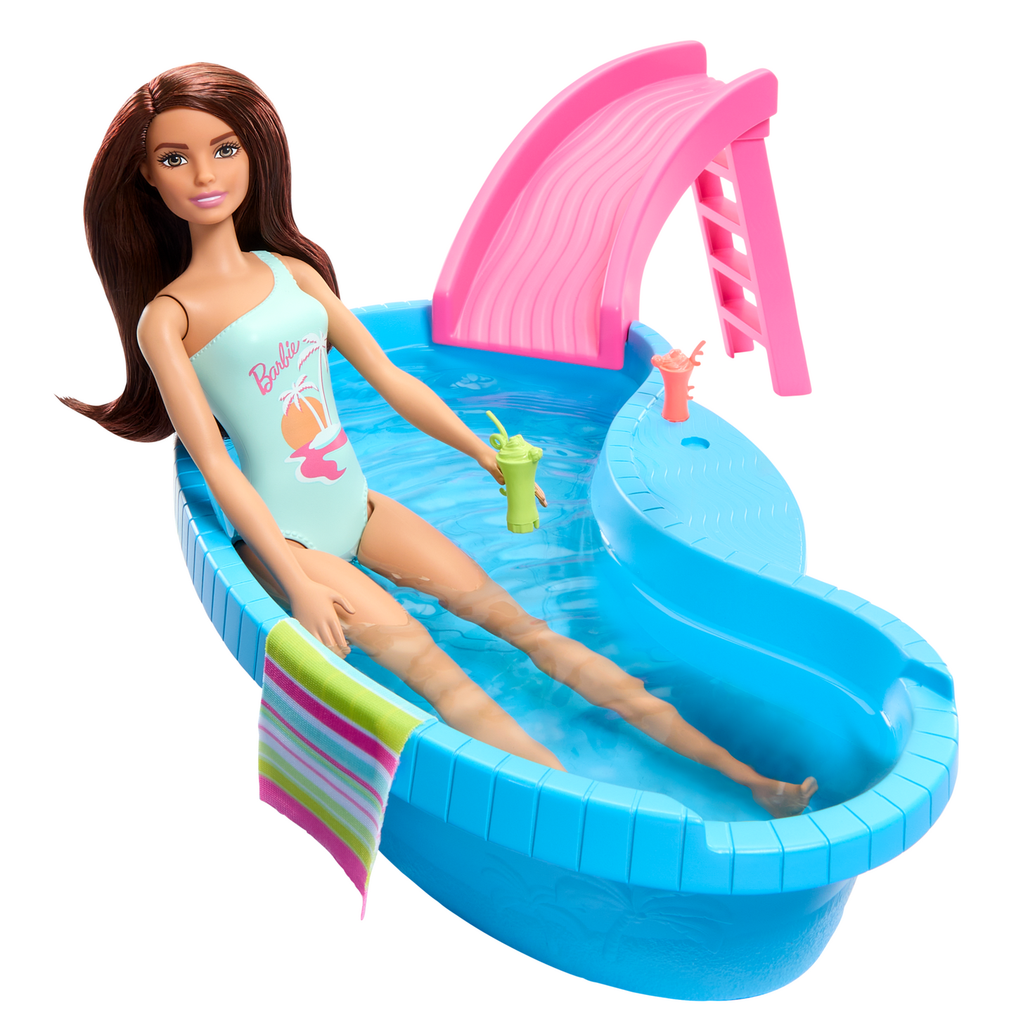 Barbie Coffret et Poup¨¦e, Brunette, Piscine, Serviette, Boissons